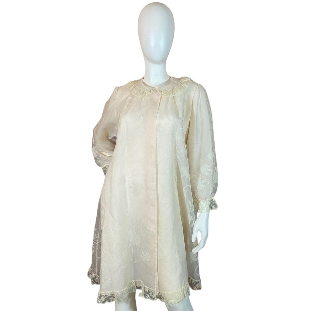 1950s Odette Barsa Sheer Chiffon Lace Housecoat – Pink Floral Peignoir Robe